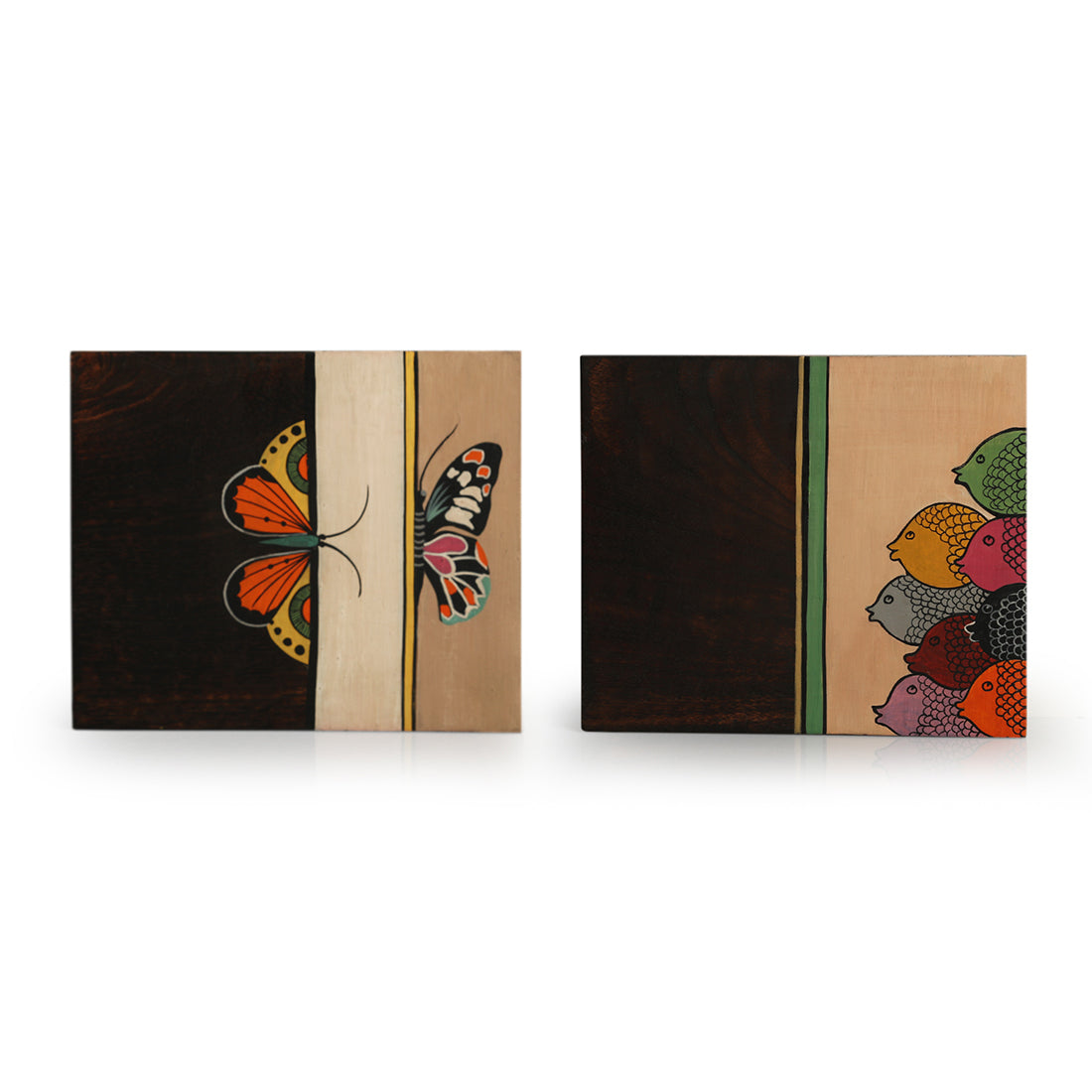 'Butterfly-Fish Pair' Hand-Painted Wall Decor Hanging In Mango Wood (Set Of 2, 18 cm)