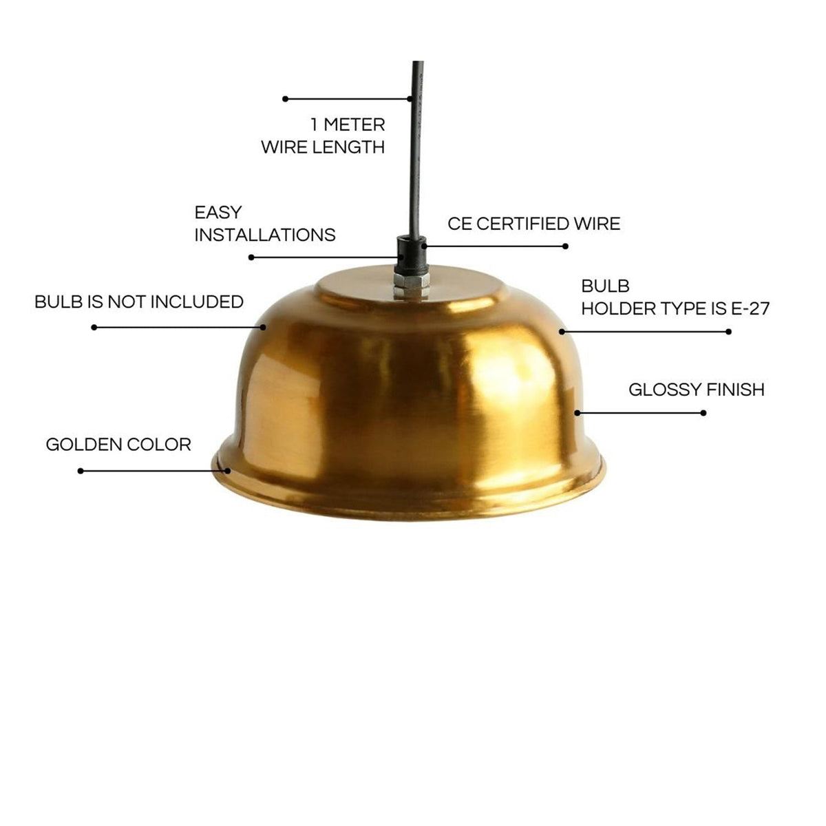 'Modern Hammered Dome' Handcrafted Hanging Pendant Lamp Shade In Iron (18 cm, Semi-Spherical, Golden)