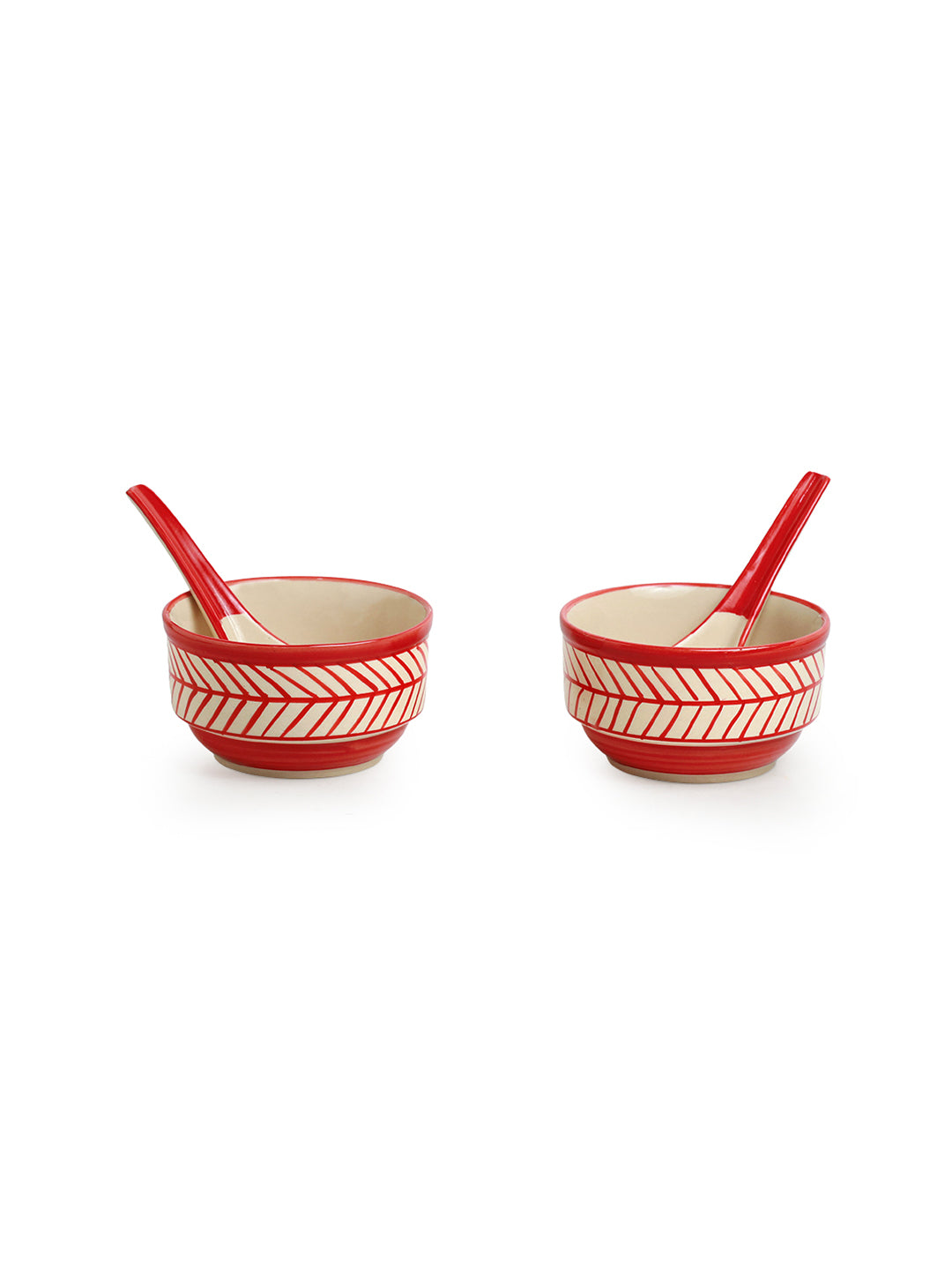 Red Chevrons' Handcrafted Ceramic Soup Bowls With Spoons (Set of 2 | 250 ML | Microwave Safe)
