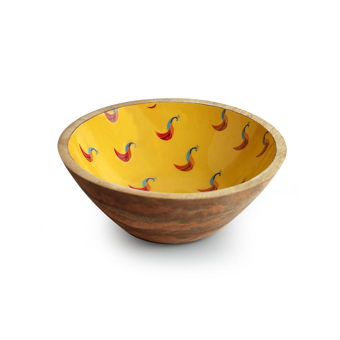 'Peacocks' Handenamelled Serving Salad Bowl (19.8 cm, 700 ml, Mango Wood, Handcrafted)