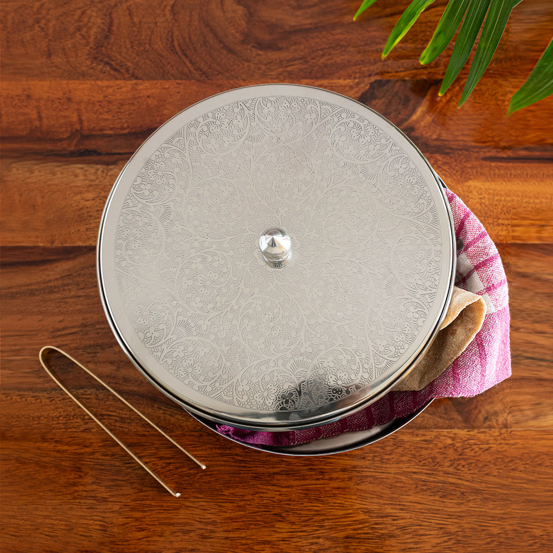 'Floral Hand-Etched' Chapati Box In Stainless Steel With Tong In Brass (21.3 cm, 1140 ml)