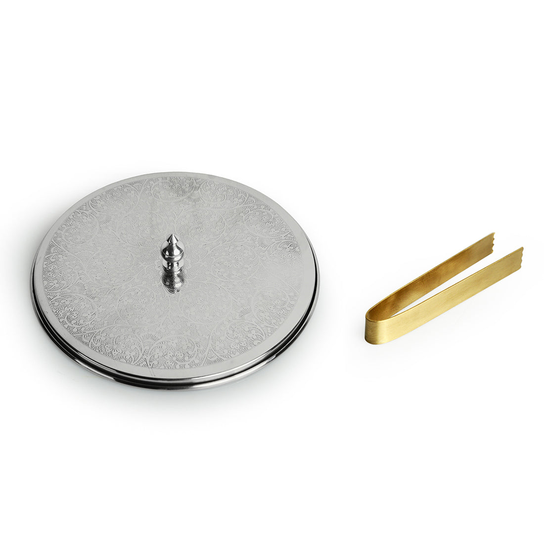 'Floral Hand-Etched' Chapati Box In Stainless Steel With Tong In Brass (21.3 cm, 1140 ml)