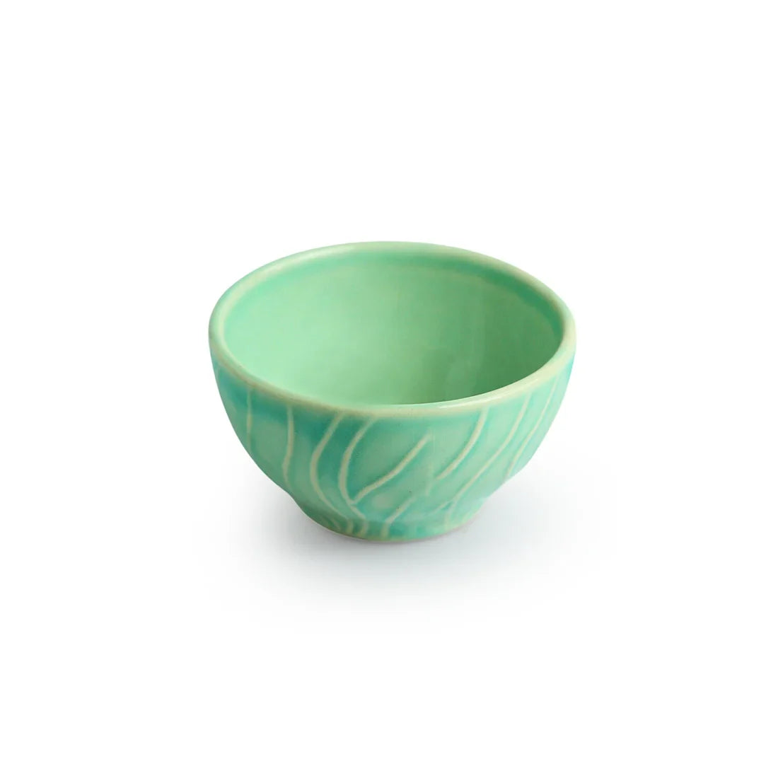 'Caribbean Green' Hand Glazed Ceramic Dinner Bowls/Katoris (Set of 4, 120 ML, Microwave Safe, Hand-Etched)