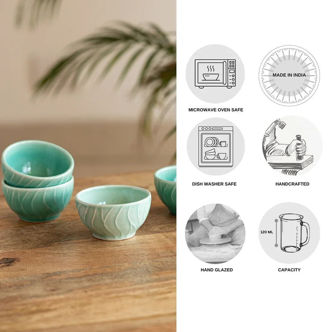 'Caribbean Green' Hand Glazed Ceramic Dinner Bowls/Katoris (Set of 4, 120 ML, Microwave Safe, Hand-Etched)