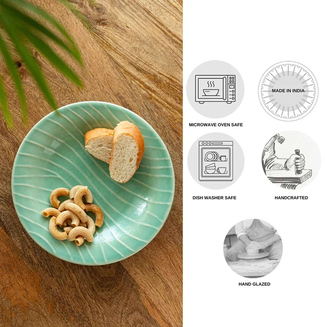 'Caribbean Green' Hand Glazed Ceramic Pasta Bowls/Plates (Microwave Safe, Hand-Etched)