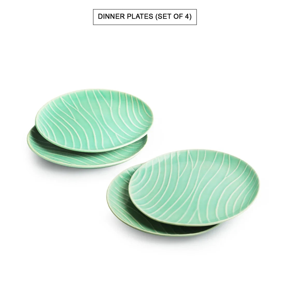 'Caribbean Green' Hand Glazed Ceramic Dinner Plates (Set of 4, Microwave Safe, Hand-Etched)