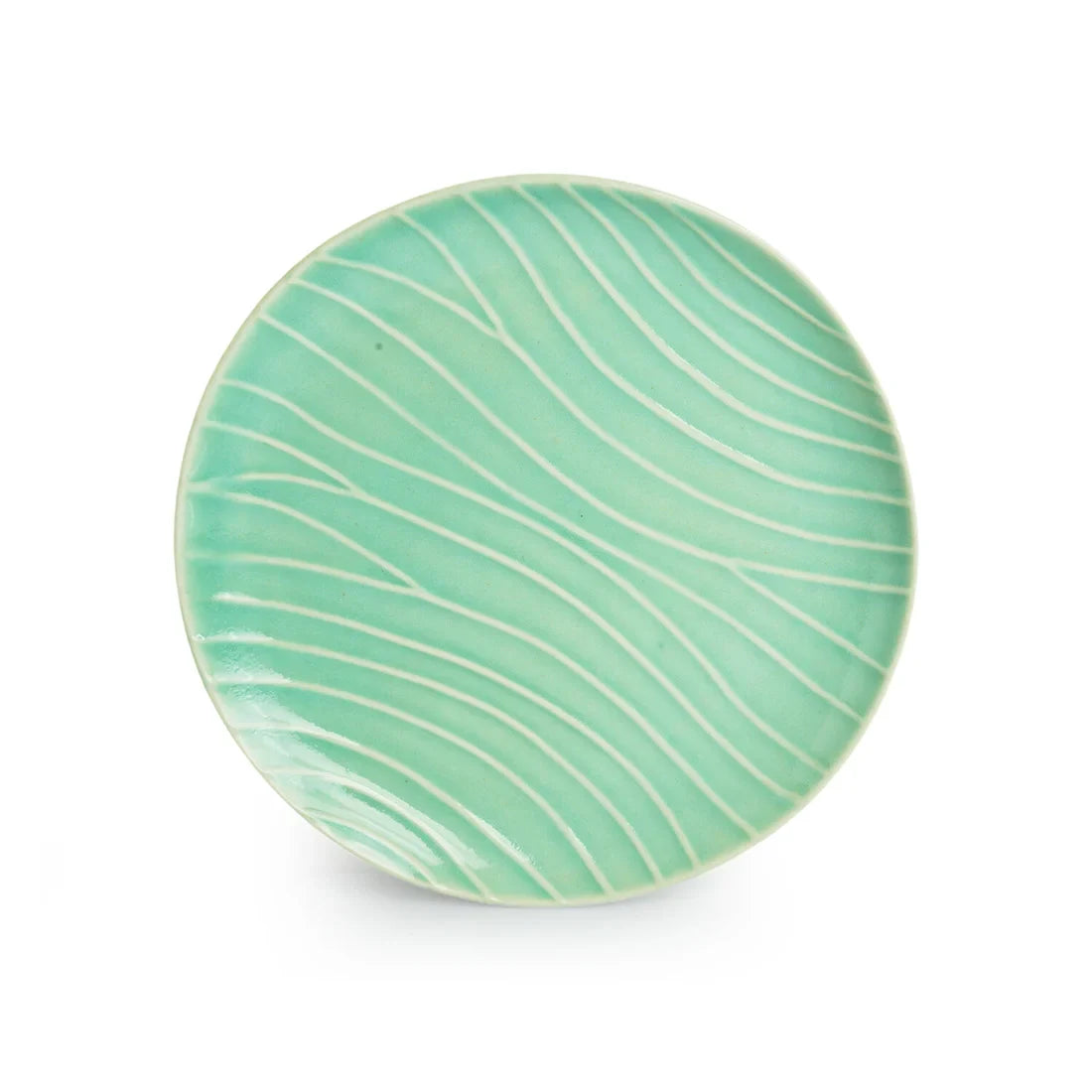 'Caribbean Green' Hand Glazed Ceramic Dinner Plates (Set of 4, Microwave Safe, Hand-Etched)