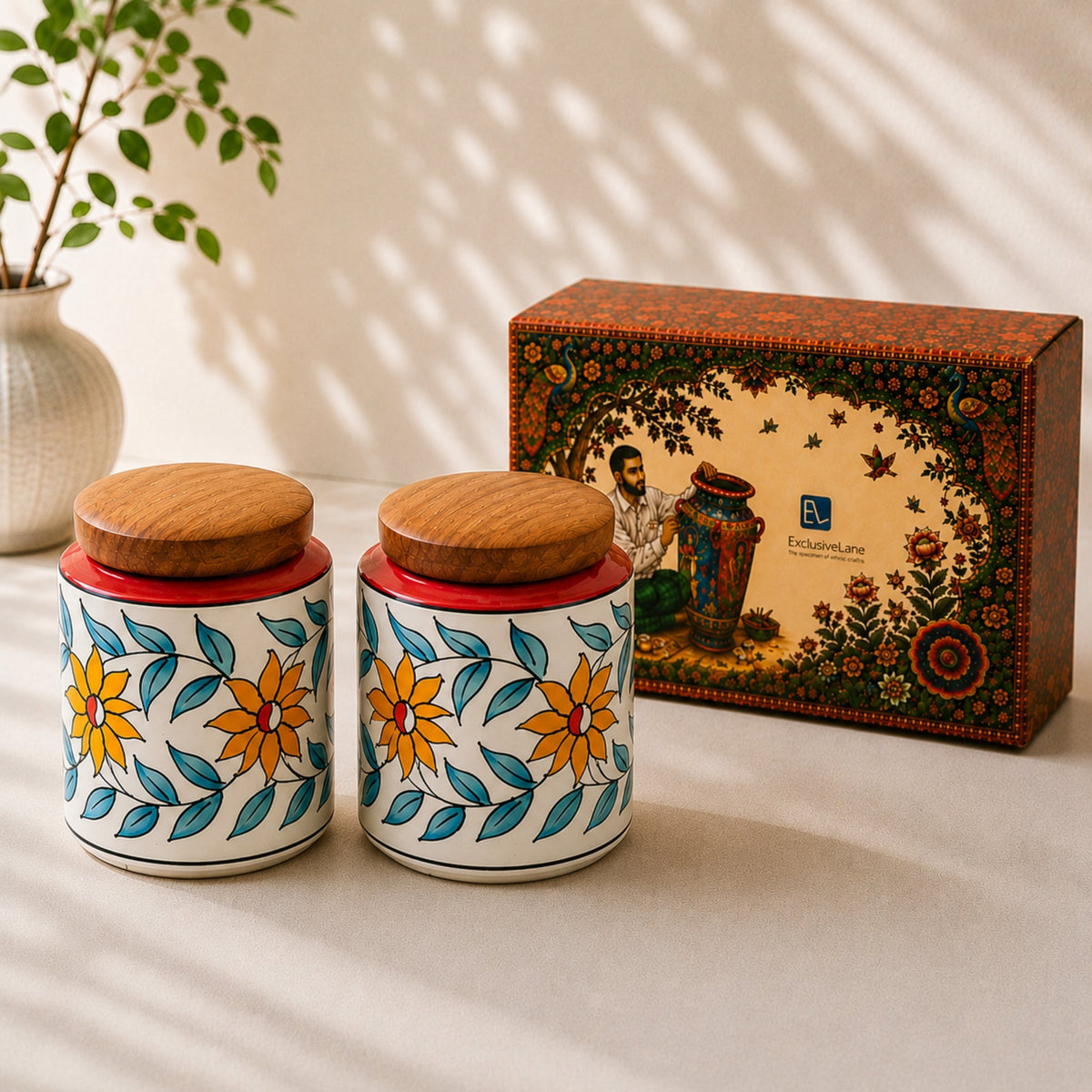 'Persian Floral' Multi-Purpose Storage Jars & Containers In Ceramic (Air-Tight, Set of 2, 600 ml, Hand-Painted)