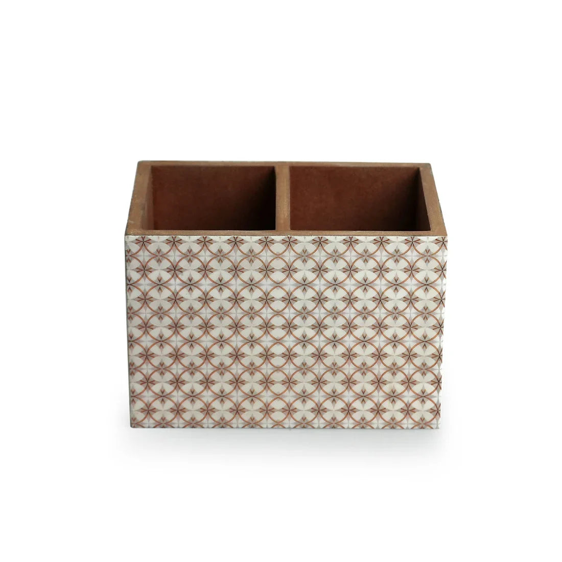 'Geometric Tales' Stationery & Cutlery Holder (2 Partitions, Recycled Wood, Handcrafted)