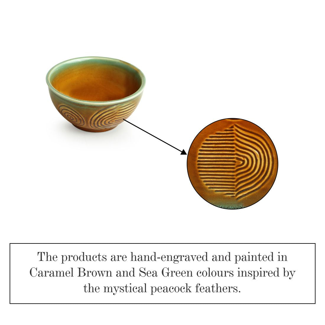 'Peacock Boulevard' Hand-Engraved Ceramic Dining Bowl Katoris (Set of 4, 200 ML, Microwave Safe)