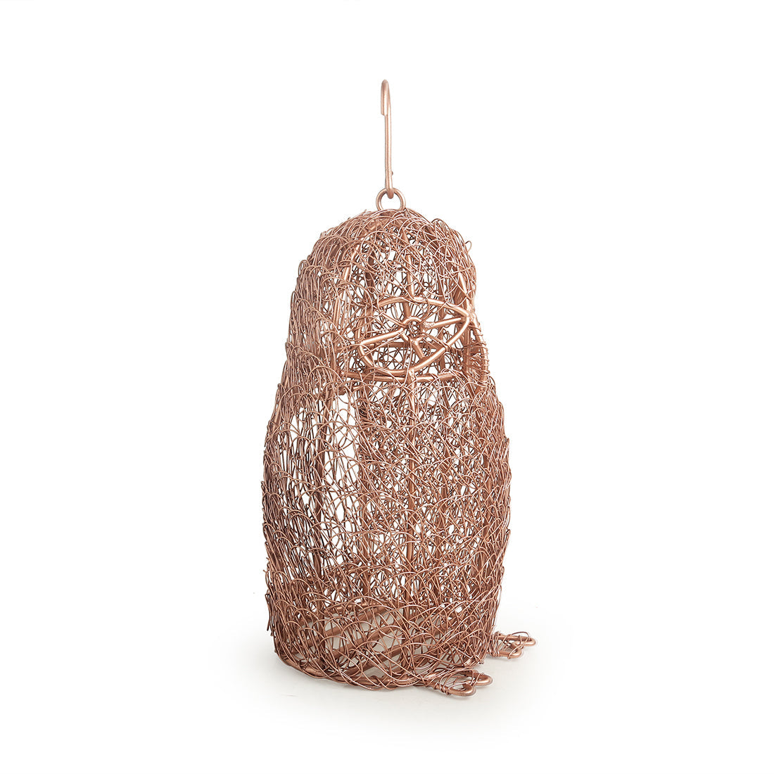The Spectacled Owl Mesh' Handwoven Showpiece Cum Hanging & Table Tea-Light Holder In Iron (22.9 cm | Copper Finish)