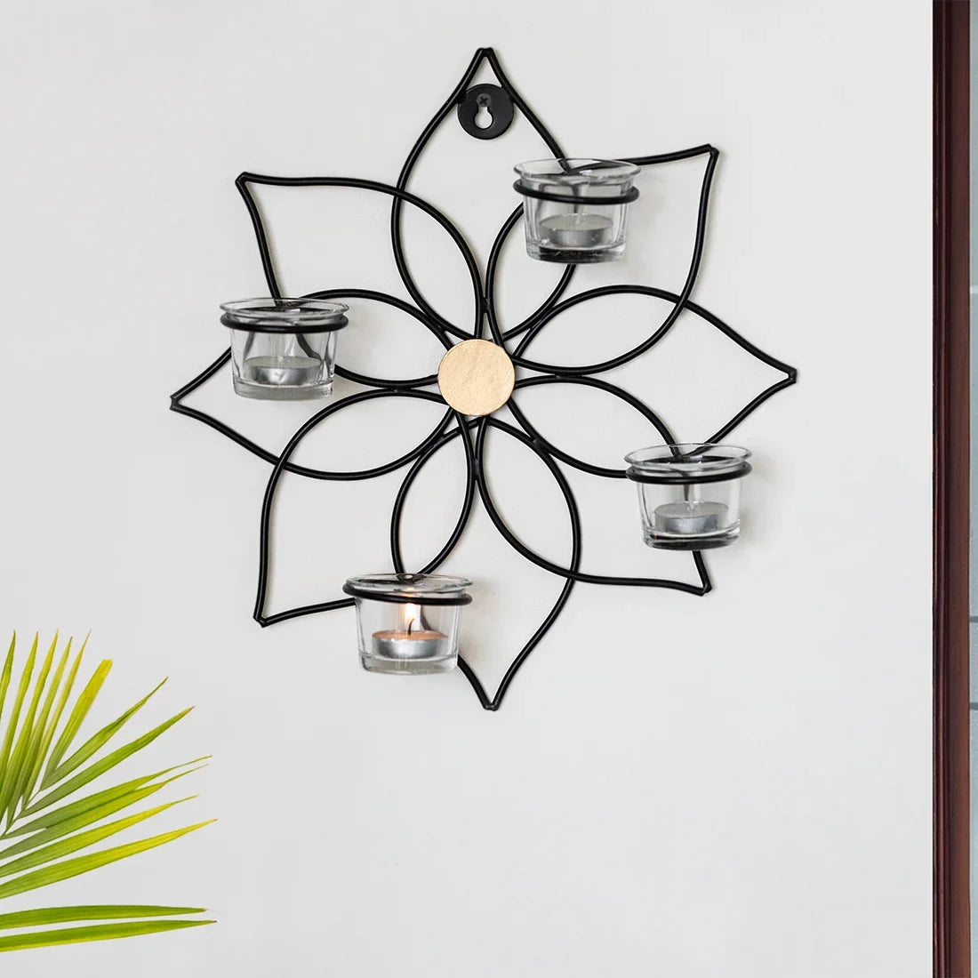'Magnolia' Handcrafted Wall Sconce Tea Light Holder In Iron & Glass (4 Votive Holders)