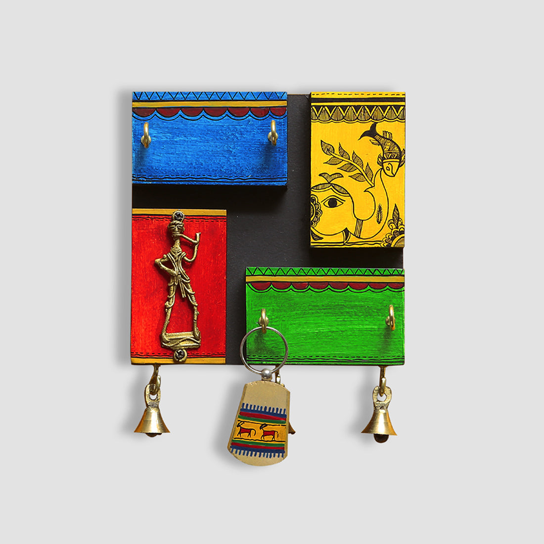 'In-Key-Geneous' Warli Hand-Painted Wooden Key Holder With Dhokra Art