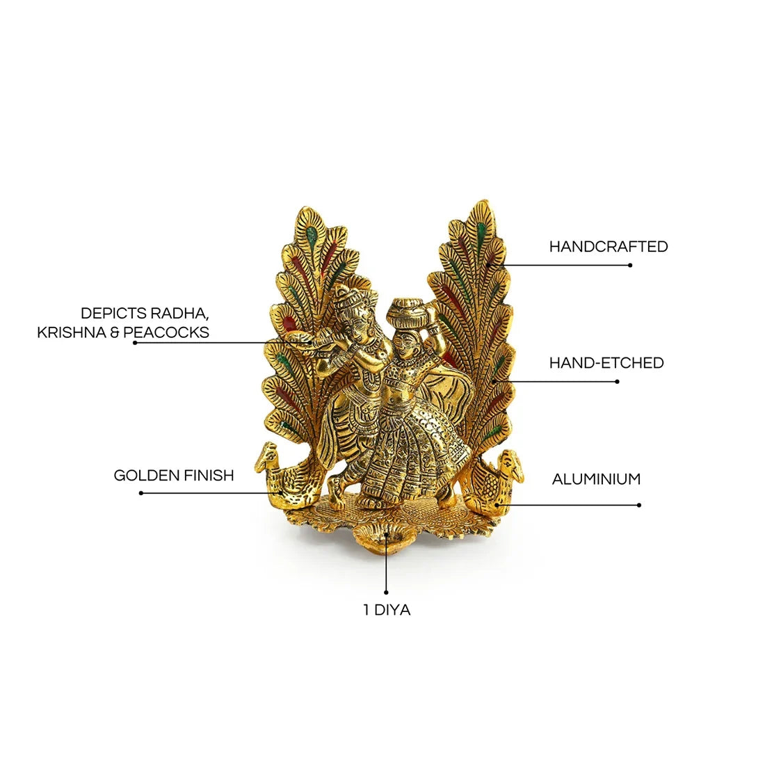 'Radha-Krishna & Peacock' Idol Showpiece Figurine with Diya (1 Wick, 17.5 cm, Golden, Metal, Handcrafted)