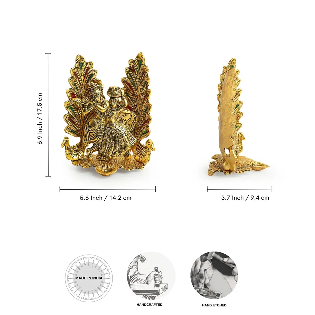 'Radha-Krishna & Peacock' Idol Showpiece Figurine with Diya (1 Wick, 17.5 cm, Golden, Metal, Handcrafted)