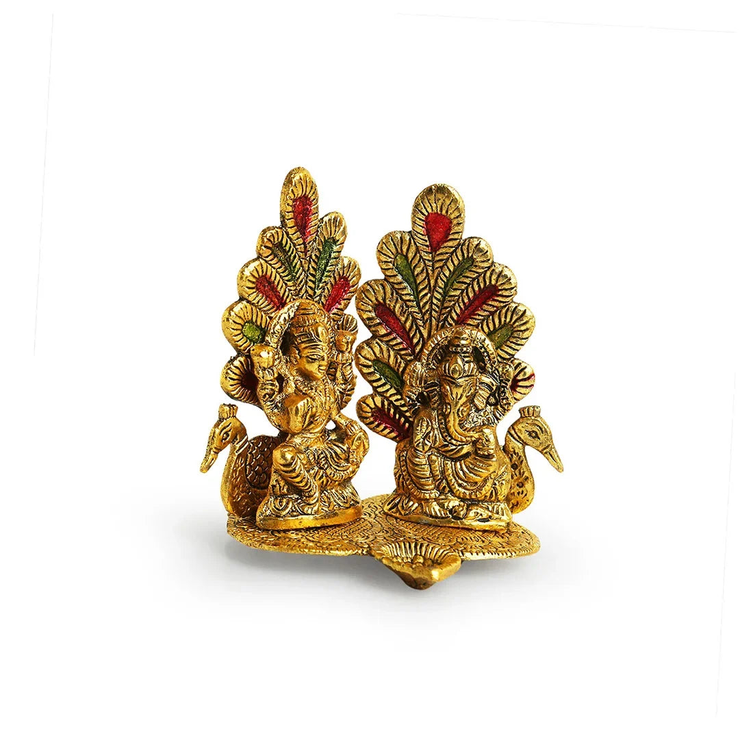 'Laxmi Ganesh & Peacock' Idol Showpiece Figurine with Diya (1 Wick, 14.5 cm, Golden, Metal, Handcrafted)
