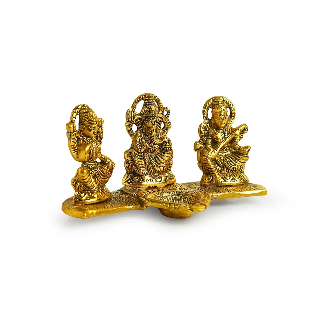 'Laxmi Ganesh & Saraswati' Idol Showpiece Figurine with Diya (1 Wick, 9.4 cm, Golden, Metal, Handcrafted)