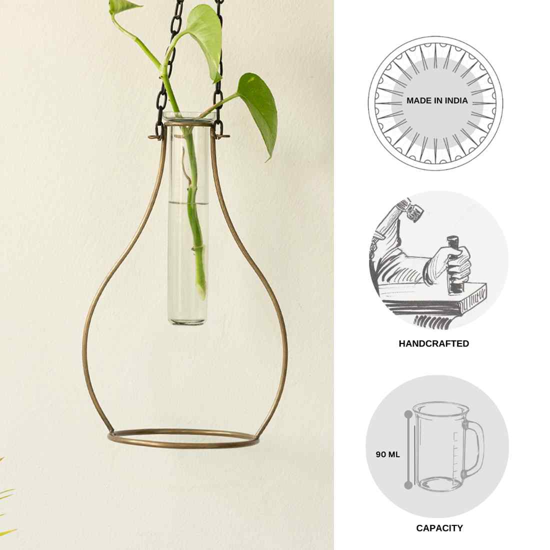 Modern Glass Garden' Test Tube Hanging Planter/Vase (25.4 cm | Golden)