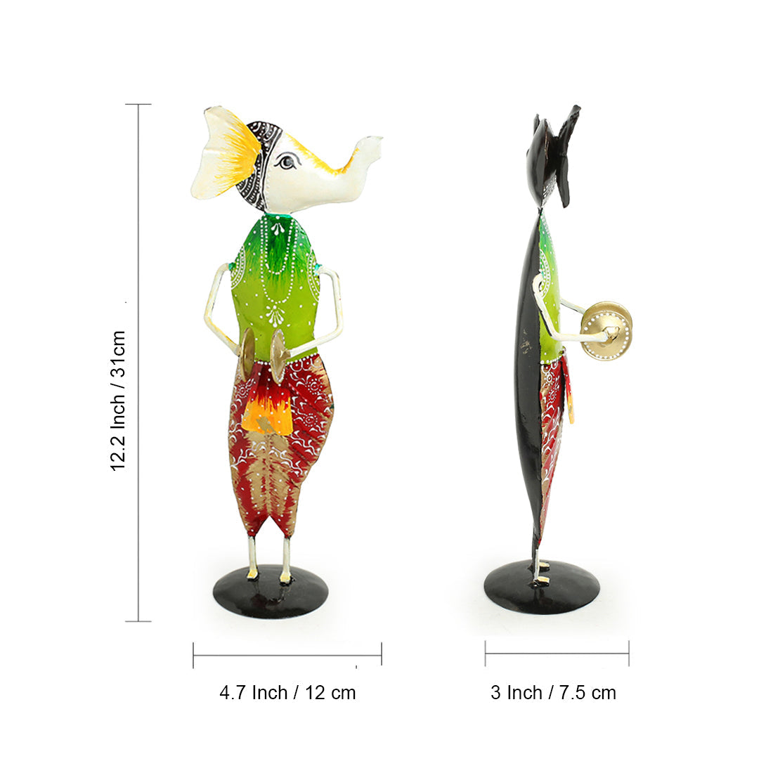 'Melodious Ganesha Trio' Handpainted Decorative Showpieces In Metal (Set of 3, 30.5 cm)