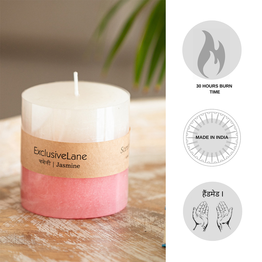 Jasmine' Handmade Wax Pillar Scented Candle (30 Hours Burn Time, Soy Blend, 320 grams)
