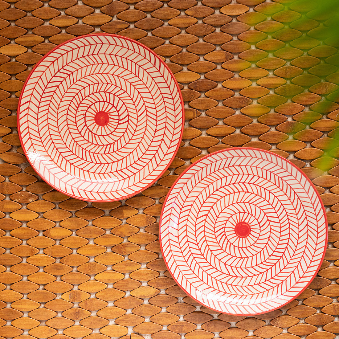 Red Chevrons' Hand-Painted Ceramic Dinner Plates (Set Of 2 | 25.4 cm | Microwave Safe)