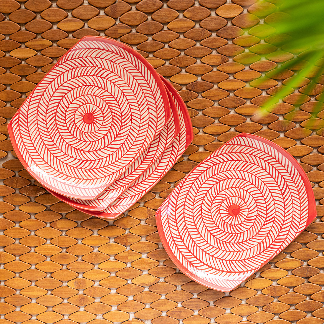 Red Chevrons' Hand-Painted Ceramic Serving Platters (Set Of 4 | Microwave Safe)