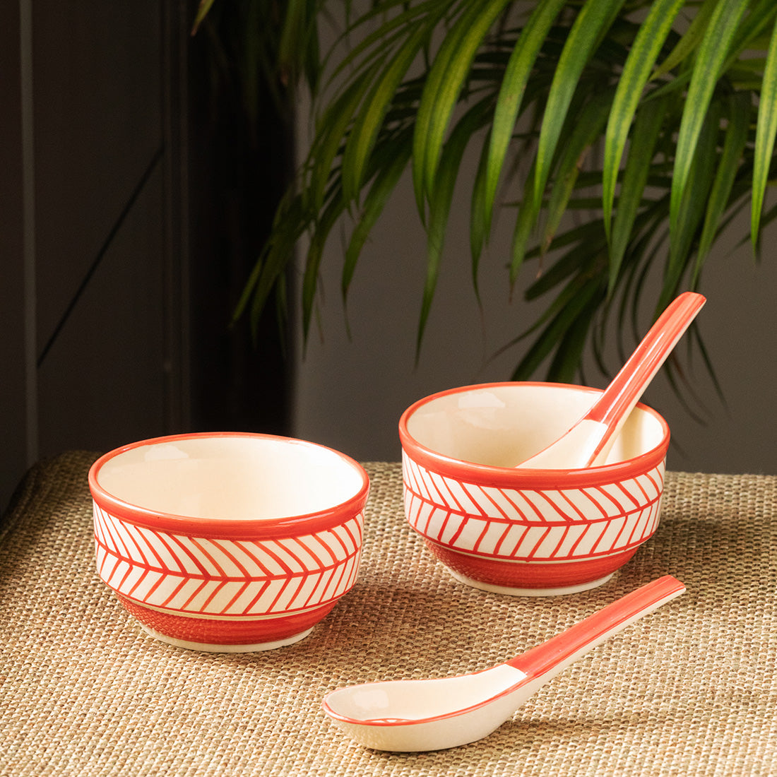 Red Chevrons' Handcrafted Ceramic Soup Bowls With Spoons (Set of 2 | 250 ML | Microwave Safe)