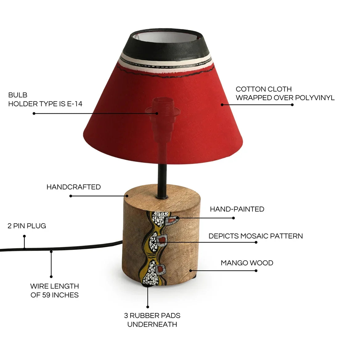 'Abstract Mosaic' Hand-Painted Decorative Table Lamp In Mango Wood (32.5 cm)