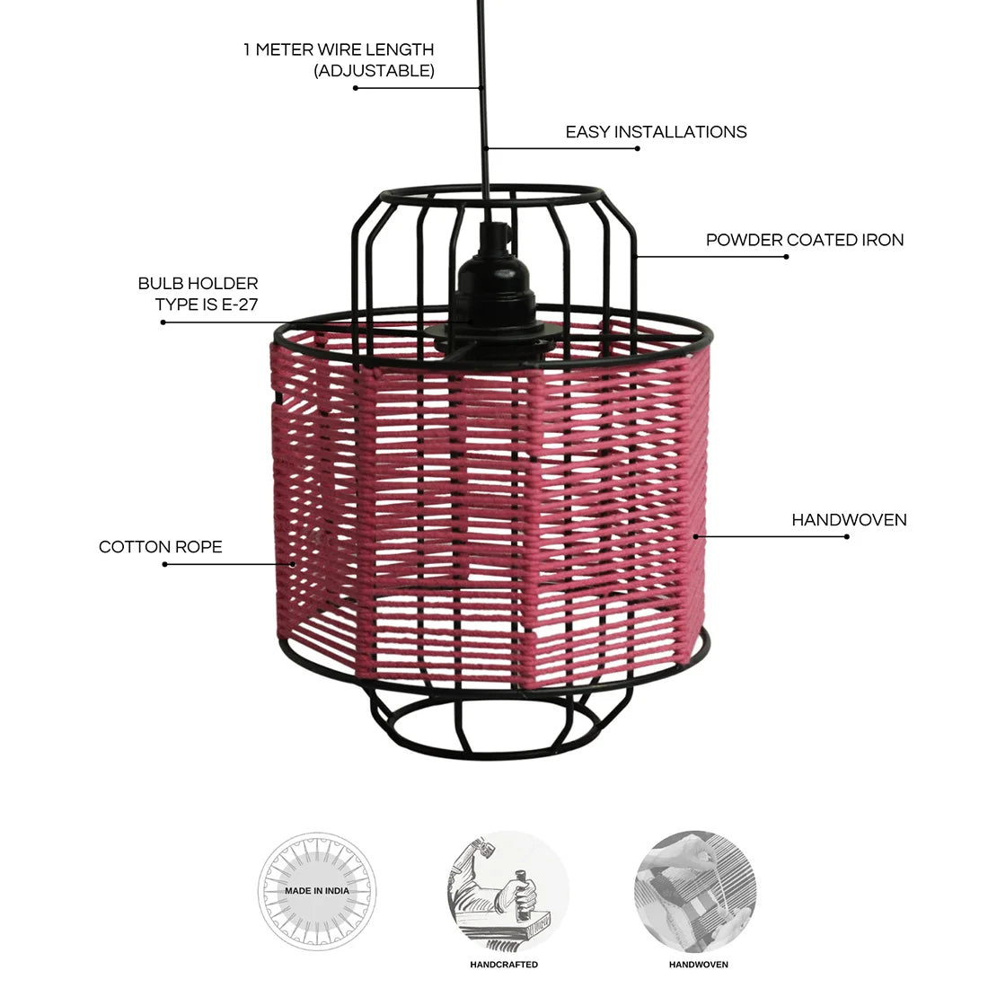 'Cotton Weaved' Hanging Pendant Lamp Shade (25.9 cm, Iron & Cotton Rope, Handwoven)