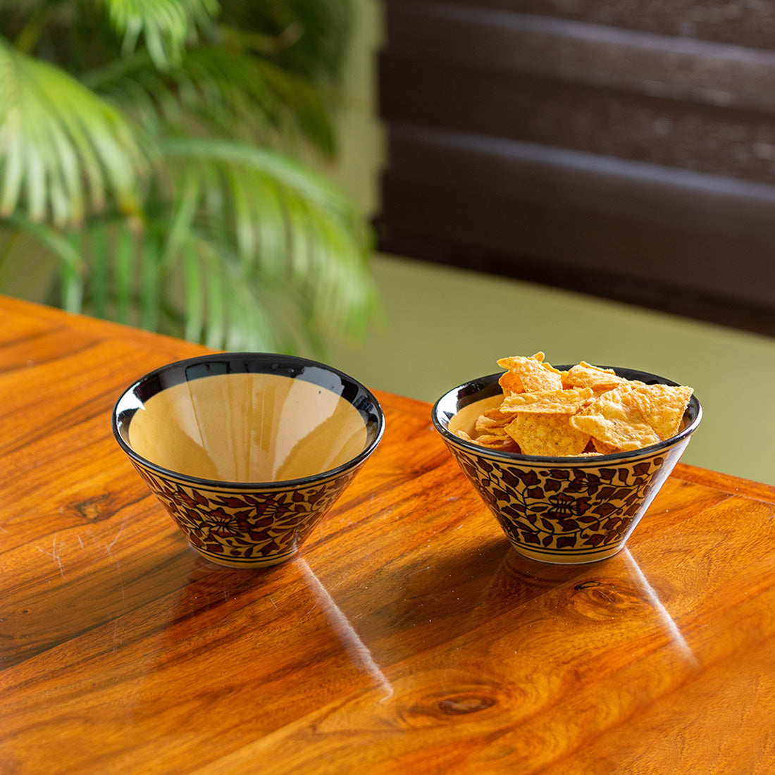 'Mughal Floral' Hand-painted Ceramic Serving Bowls (Set of 2, 520 ML, Microwave Safe)