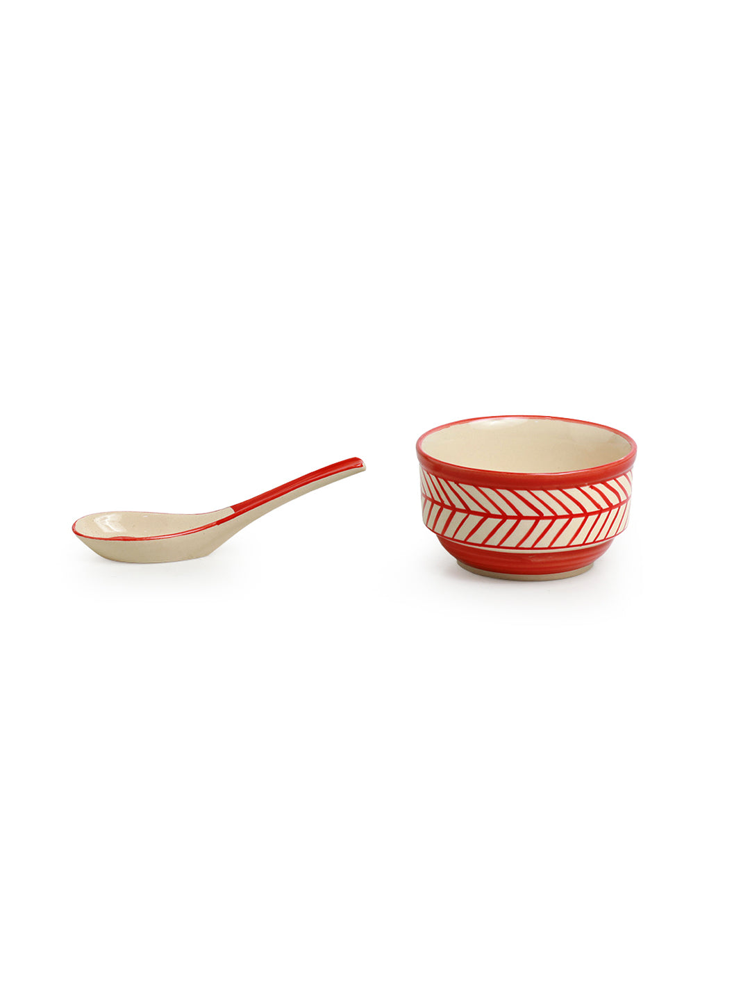 Red Chevrons' Handcrafted Ceramic Soup Bowls With Spoons (Set of 2 | 250 ML | Microwave Safe)