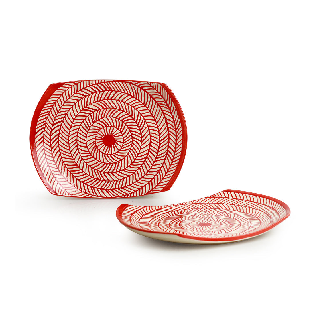 Red Chevrons' Hand-Painted Ceramic Serving Platters (Set Of 2 | Microwave Safe)