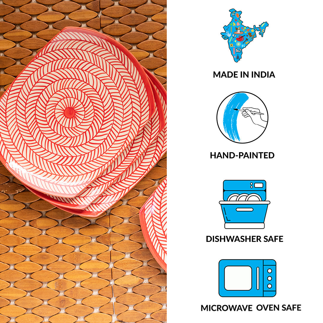 Red Chevrons' Hand-Painted Ceramic Serving Platters (Set Of 4 | Microwave Safe)
