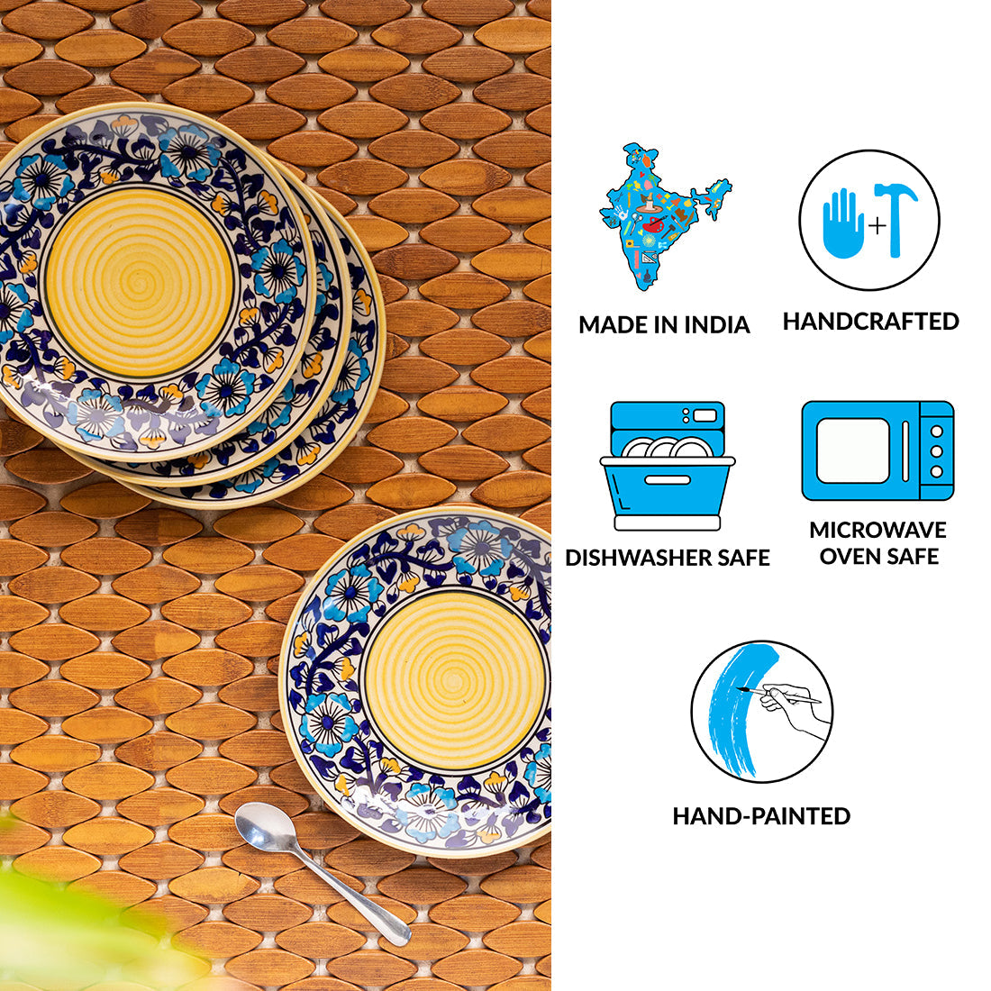 'Badamwari Bagheecha' Hand-Painted Ceramic Side/Quarter Plates (Set of 4, Microwave Safe)