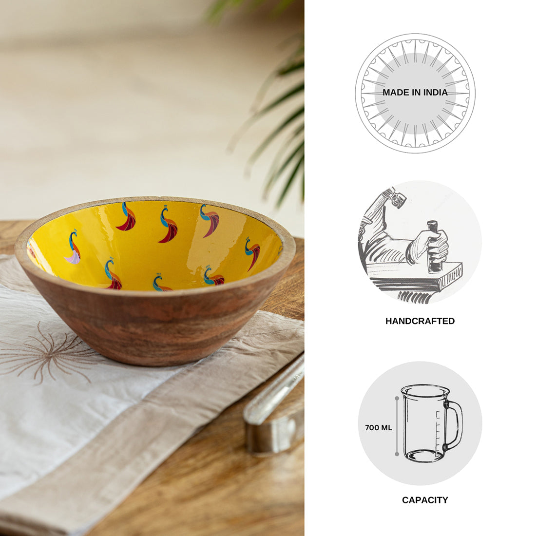 'Peacocks'  Handenamelled Serving Salad Bowl (19.8 cm, 700 ml, Mango Wood, Handcrafted)