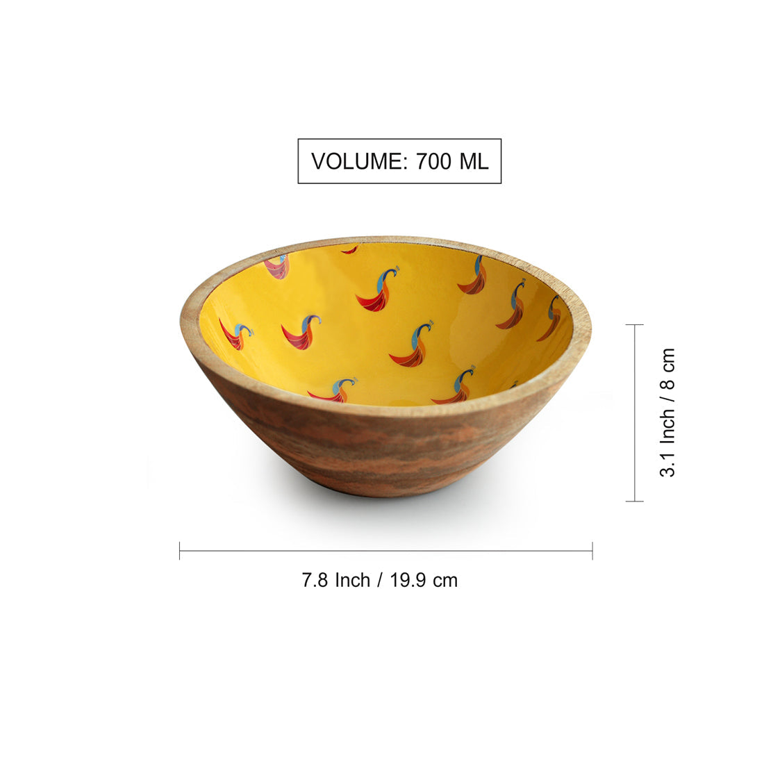 'Peacocks'  Handenamelled Serving Salad Bowl (19.8 cm, 700 ml, Mango Wood, Handcrafted)