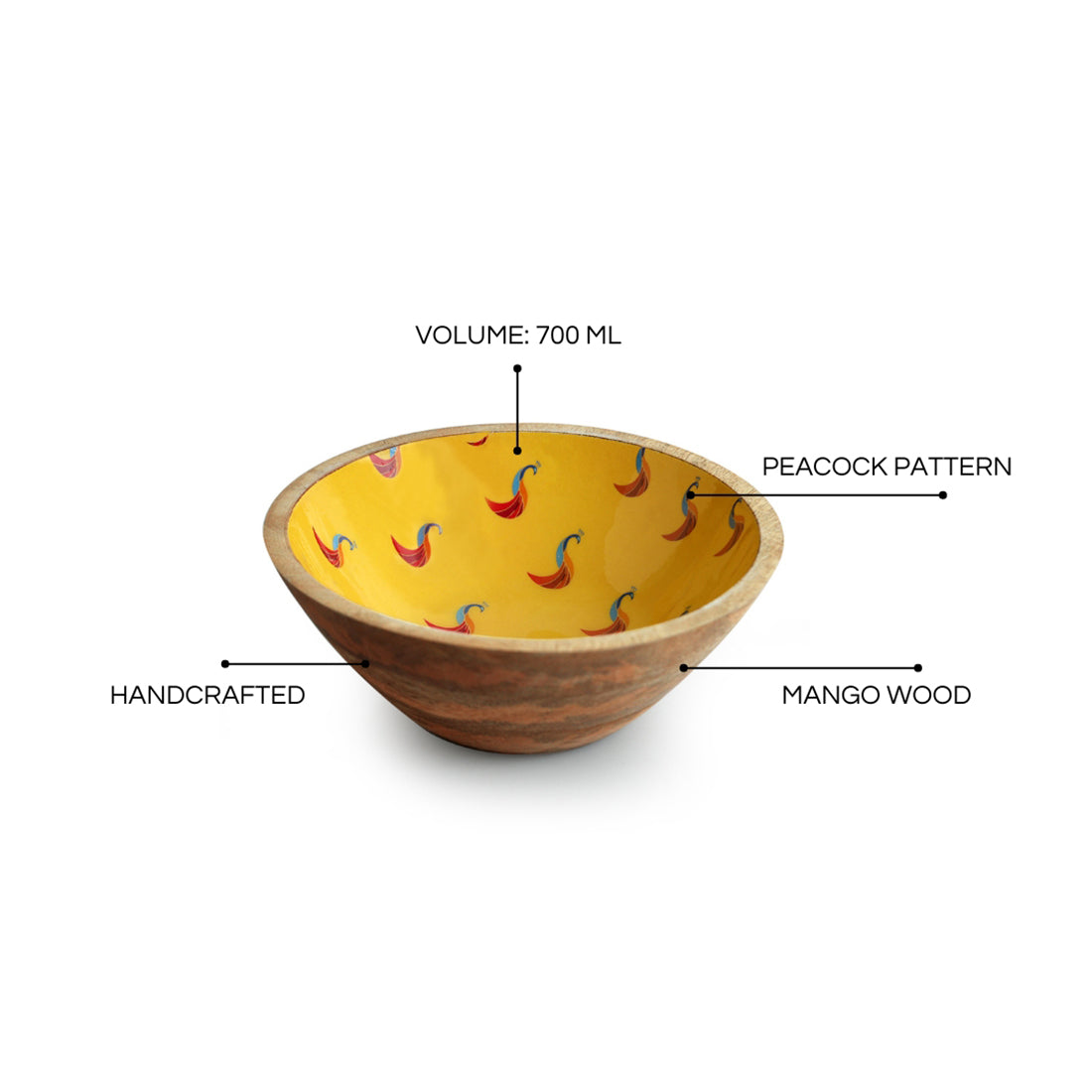 'Peacocks'  Handenamelled Serving Salad Bowl (19.8 cm, 700 ml, Mango Wood, Handcrafted)