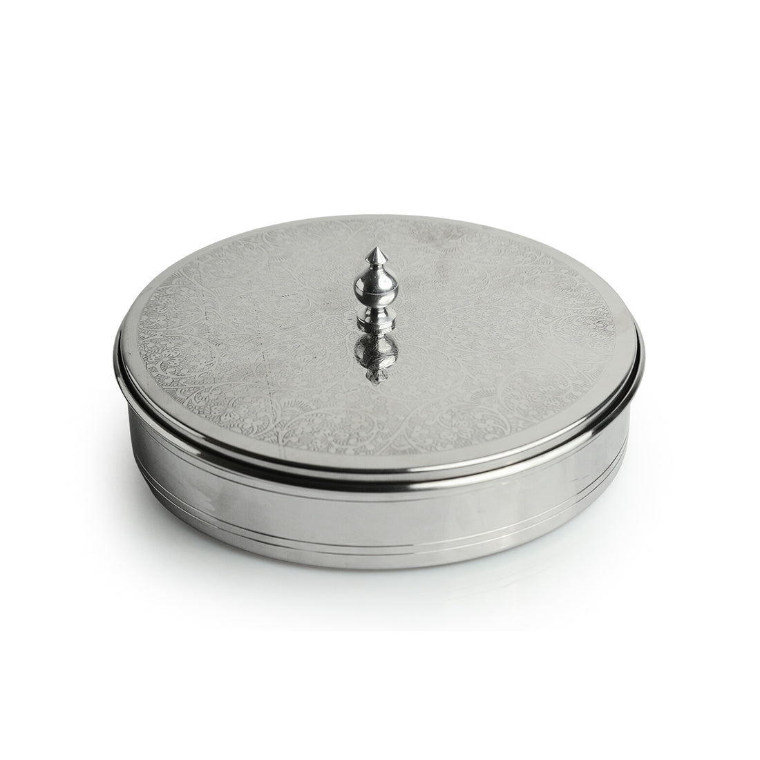 'Floral Hand-Etched' Chapati Box In Stainless Steel With Tong In Brass (21.3 cm, 1140 ml)