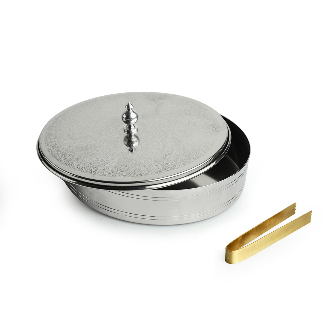 'Floral Hand-Etched' Chapati Box In Stainless Steel With Tong In Brass (21.3 cm, 1140 ml)