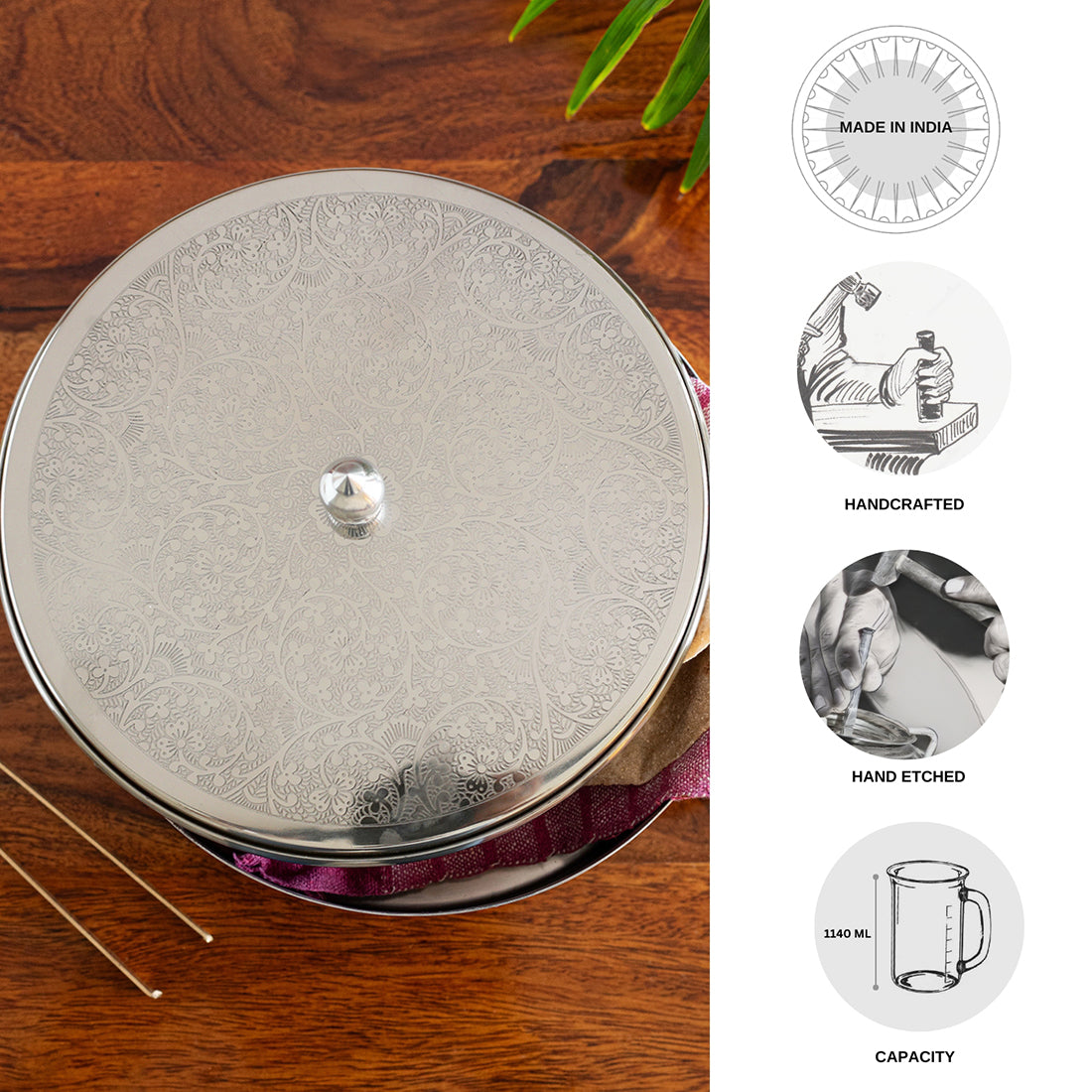 'Floral Hand-Etched' Chapati Box In Stainless Steel With Tong In Brass (21.3 cm, 1140 ml)