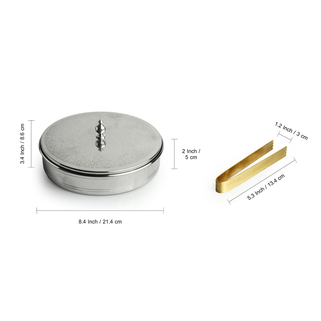 'Floral Hand-Etched' Chapati Box In Stainless Steel With Tong In Brass (21.3 cm, 1140 ml)
