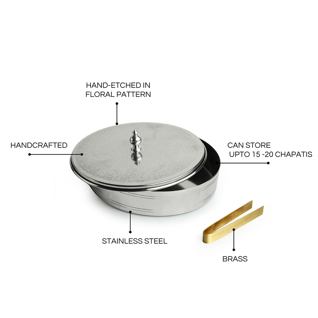 'Floral Hand-Etched' Chapati Box In Stainless Steel With Tong In Brass (21.3 cm, 1140 ml)