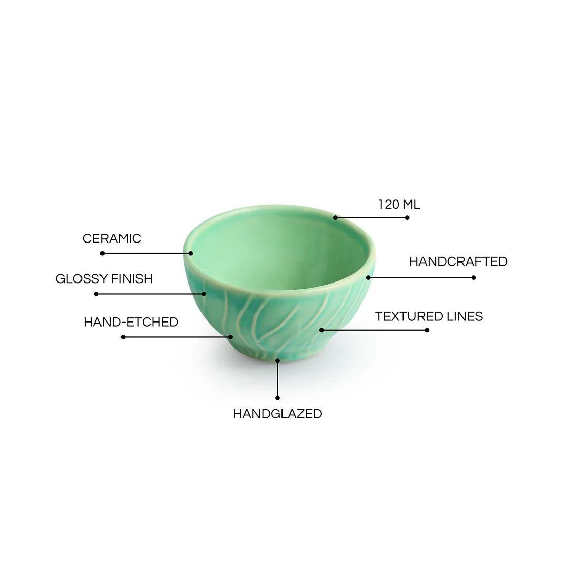 'Caribbean Green' Hand Glazed Ceramic Dinner Bowls/Katoris (Set of 4, 120 ML, Microwave Safe, Hand-Etched)