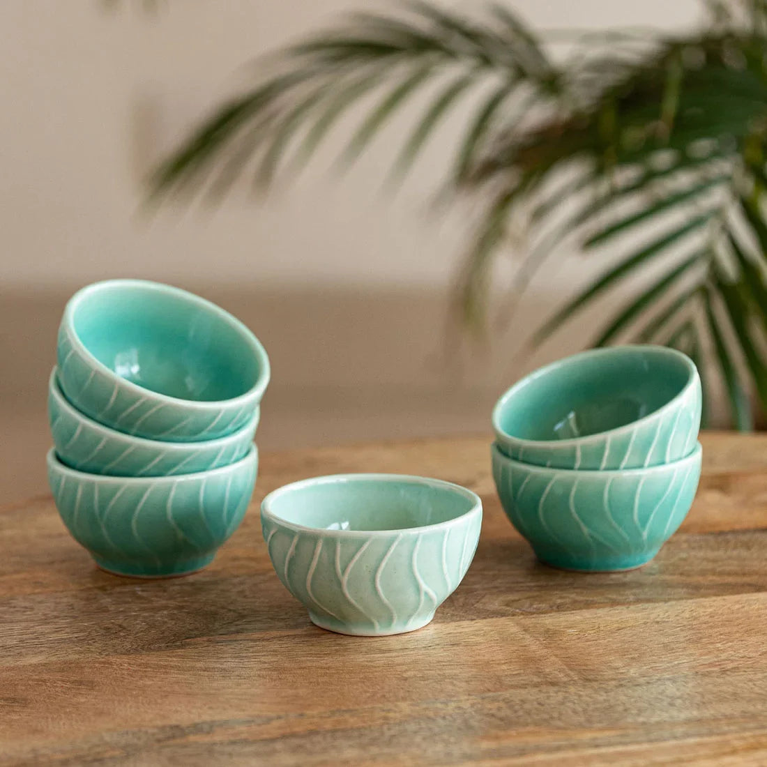'Caribbean Green' Hand Glazed Ceramic Dinner Bowls/Katoris (Set of 6, 120 ML, Microwave Safe, Hand-Etched)