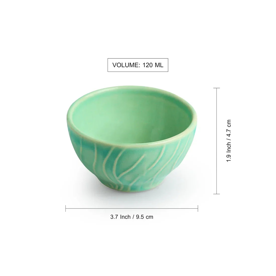 'Caribbean Green' Hand Glazed Ceramic Dinner Bowls/Katoris (Set of 6, 120 ML, Microwave Safe, Hand-Etched)