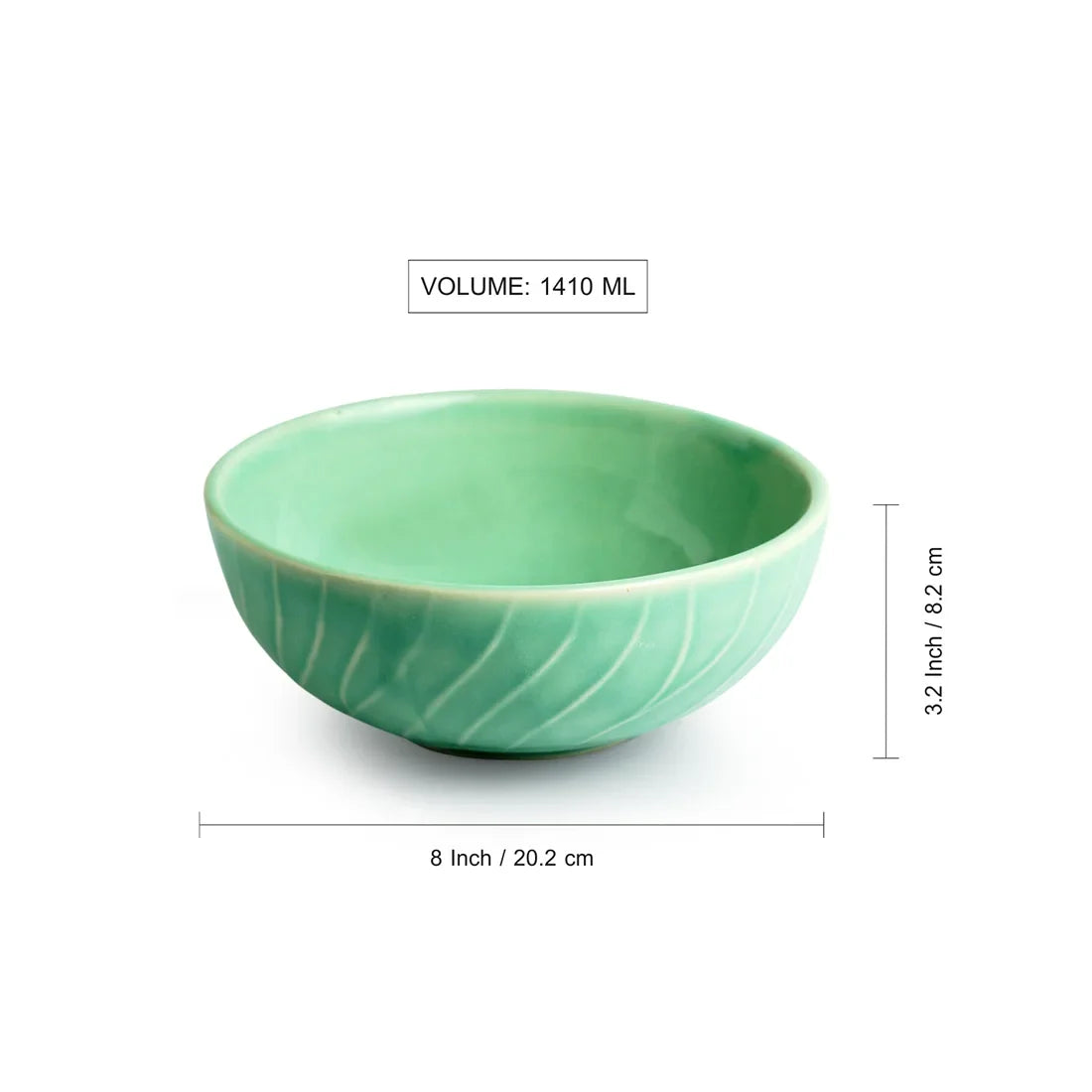 'Caribbean Green' Hand Glazed Ceramic Serving Bowl (1410 ml, Hand-Etched, Microwave Safe)