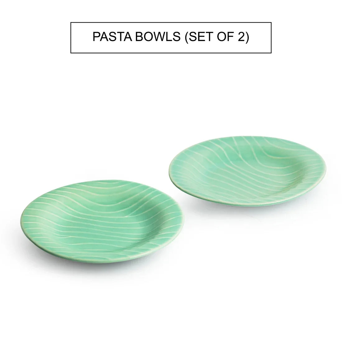 'Caribbean Green' Hand Glazed Ceramic Pasta Bowls/Plates (Set of 2, Microwave Safe, Hand-Etched)