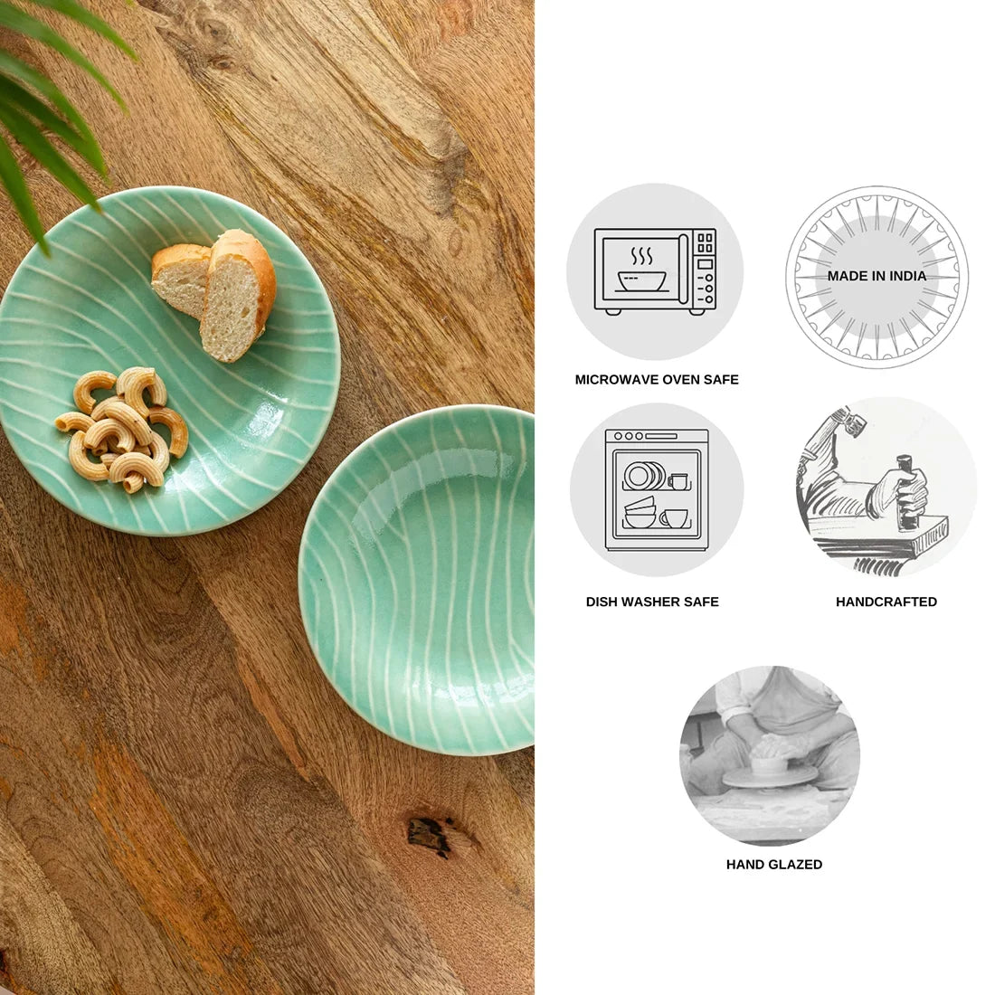 'Caribbean Green' Hand Glazed Ceramic Pasta Bowls/Plates (Set of 2, Microwave Safe, Hand-Etched)