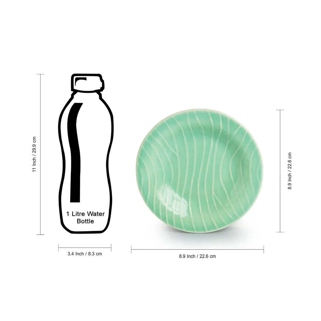 'Caribbean Green' Hand Glazed Ceramic Pasta Bowls/Plates (Set of 2, Microwave Safe, Hand-Etched)