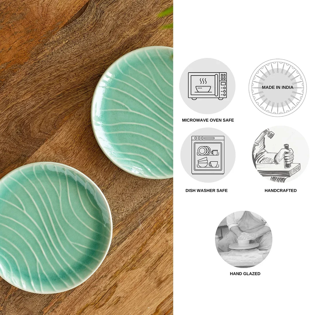 'Carribean Green' Hand Glazed Ceramic Side/Quarter Plates (Set of 2, Microwave Safe, Hand-Etched)